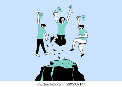 Three People Holding Flags and Jumping Happily