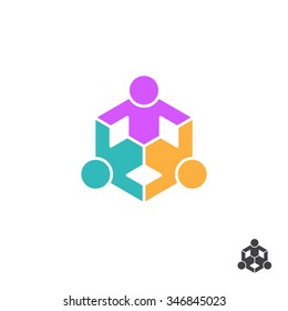 Three People Holding Hands. Vector Colorful Logo.