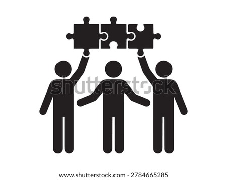 Three people holding puzzle pieces teamwork concept, collaboration and problem solving icon, group cooperation success.
