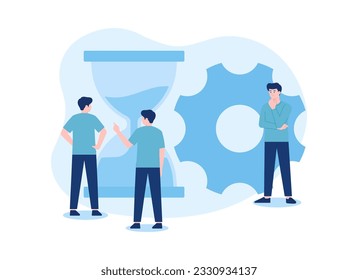 Three people with an hourglass and settings icon trending concept flat illustration