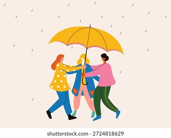 Tres personas se acurrucan bajo un Grande paraguas amarillo durante una tormenta. Ilustración minimalista que simboliza amistad y protección