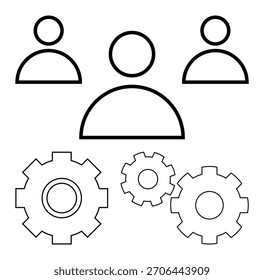 Three people icons above interconnected gears represent teamwork and unified processes. Ideal for collaboration, workflow, teamwork, organizational structure, efficiency, project management, business