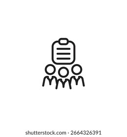 Three people icons are positioned below a clipboard with lines of text. Represents group opinion, survey results, or collective feedback.