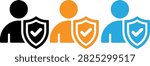 Three people icons with security shields and checkmarks in different colors