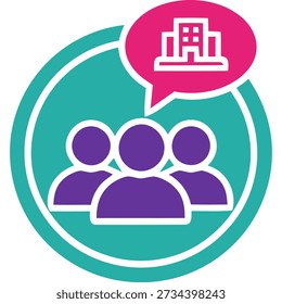 Iconos de tres personas con una burbuja de diálogo que contiene un icono de edificio, que simboliza la comunicación o la discusión sobre un edificio u organización.