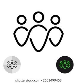 Icono del logotipo del equipo infinito de tres personas. Delgada línea negra estilizada símbolo de trabajo en equipo y unidad. Liderazgo, comunidad de redes o signo de concepto de amistad. Trazo editable.