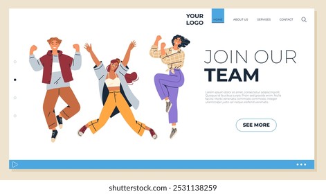 Three people are jumping happily, promoting a job recruitment message on a web page template. Ideal for team spirit, job recruitment, diversity and inclusion, business growth, career opportunities