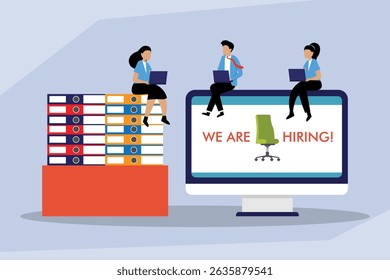 Three people with laptops sit on a stack of files and a large monitor displaying WE ARE HIRING with a vacant chair, symbolizing recruitment, job openings, and seeking new employees