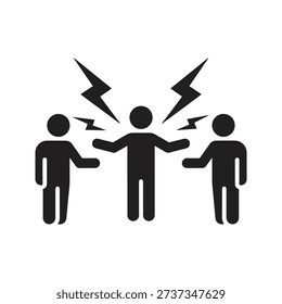 Three people with lightning bolts between them representing conflict argument dispute disagreement tension angry fight negotiation crisis