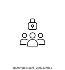 Tres personas y cerradura. Interacciones de confianza, comunidad de usuarios segura. Icono de Vector de trazo perfecto y editable