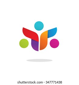 Three people logo colorful abstract vector symbol. Group of 3 happy motivated persons together with hands. Community cooperation unity friends vector icon logotype design. Friends society symbol sign