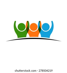 Three people logo holding hands. Concept of Group of People, happy team, victory