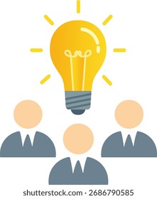 Three people looking at a glowing yellow light bulb with radiating lines idea teamwork