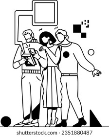 three people looking how a man is using a phone. Innovation, technology, qr code. Modern, figures, pixels. Black and white vector