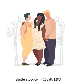 Three people in love vector illustration. Polyamory concept. Modern family portrait isolated on white background.