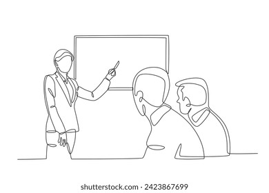 Three people are in a meeting. Business presentasi one-line drawing