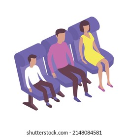 Three people on their seats in cinema hall isometric vector illustration