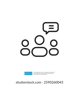 three people, with one speaking or sharing information, indicated by a speech bubble. Illustration line icon
