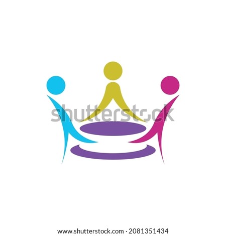 Three people at one table, in a colorful logo shaped like a king's crown.