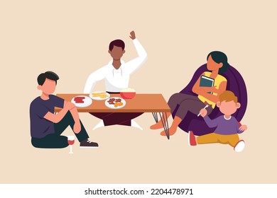 Three people and one young children eating with in the family with having different skin color. Diversity concept. Flat vector illustration isolated. 