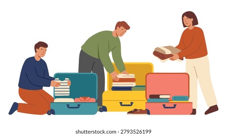 Three people are packing clothes into open suitcases, preparing for a journey.