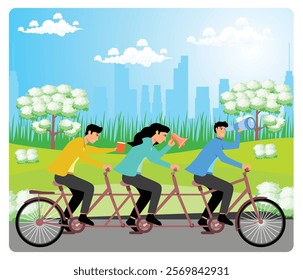 Three people in the park ride a tandem bicycle together, displaying teamwork, recreation and a fun spirit of partnership amidst a colorful and cheerful environment. Flat vector modern illustration