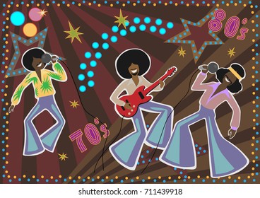 Three people play the guitar and sing into the microphone against the background of lights, stars and stripes.