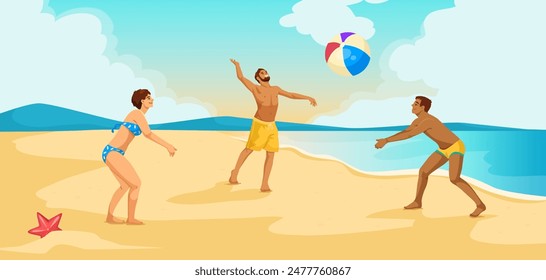 Three people playing beach volleyball with a colorful ball on a sunny beach. Vector illustration