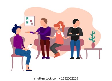 Three people in polygamy relationship having therapeutical meeting at psychologist office. Two men and one woman. Flat style stock vector illustration.