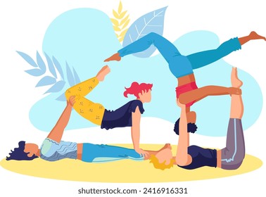 Three people practicing acro yoga together with balance and flexibility. Adults in acrobatic yoga pose on mat vector illustration.