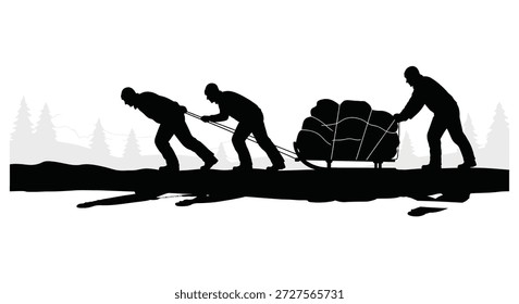 três pessoas puxando um grande objeto em uma silhueta preta impressionante de alta qualidade profissional detalhado moderno elegante elegante elegante limpo nítido vibrante