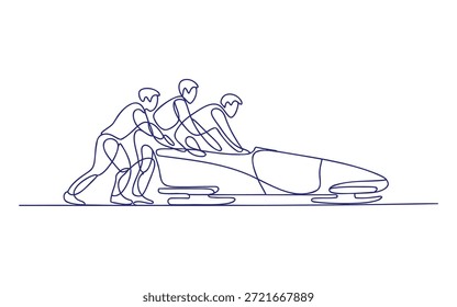 Três pessoas empurrando um bobsled no gelo em uma formação de linha