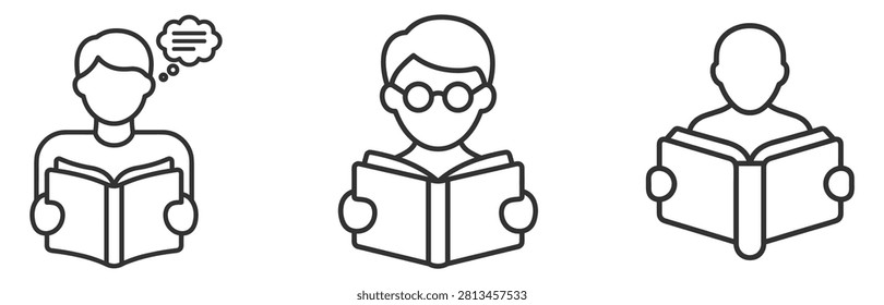 three people reading books line icons on transparent background