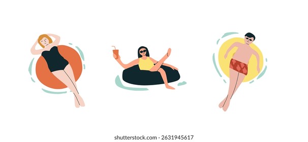 Three people relaxing in pool on inflatable tubes.