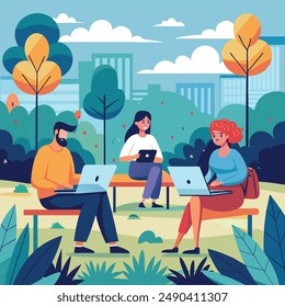 Tres personas Trabajo remoto Ilustración vectorial freelance trabajando en el ordenador portátil en el parque