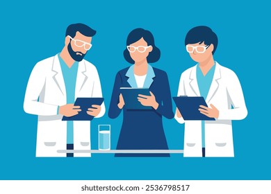 Three people researchers looking at tablet data in the lab. Research and Development. isolated flat vector illustration