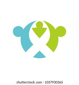 three people and ribbon form. care and charity organization vector logo.