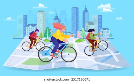 Três pessoas andando de bicicleta em um mapa da cidade. Navegação urbana, mapa da cidade com marcadores de destino. Passatempo ao ar livre ativo, passatempo de ciclismo, esportes recreativos. mulher no mapa com locais de parque. Vetor