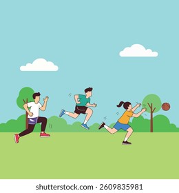 Three people running with a basketball in a park with green grass, trees, and a blue sky with clouds.
