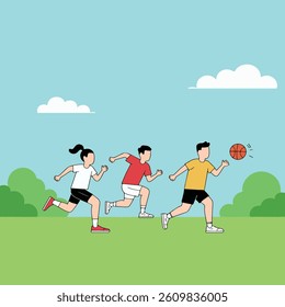 Three people running with a basketball in a park with green grass, trees, and a blue sky with clouds.
