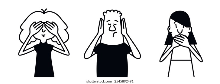 Tres personas se muestran en un dibujo en blanco y negro, con una persona cubriéndose los ojos y las otras dos personas mirando lo mismo. Ilustración vectorial dibujada a mano. Blanco y negro.