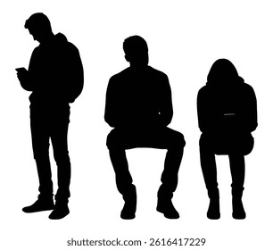 Three people silhouetted, engrossed in devices, waiting vector illustration.