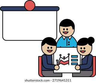 Three people are sitting around a table with a white board behind them. They are smiling and seem to be working together