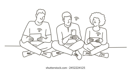 Three people sitting on the floor with their cell phones. One of the people is holding a tablet. Hand drawn vector illustration. Black and white.