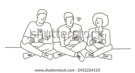 Three people sitting on the floor with their cell phones. One of the people is holding a tablet. Hand drawn vector illustration. Black and white.