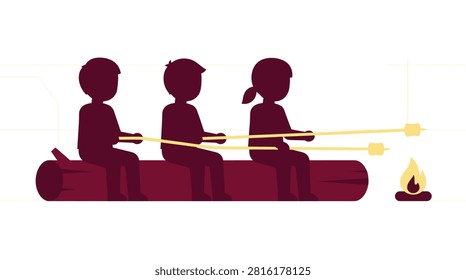 Three people sitting on a log roasting marshmallows together in flat two-color silhouette vector ideal for group log campfire content