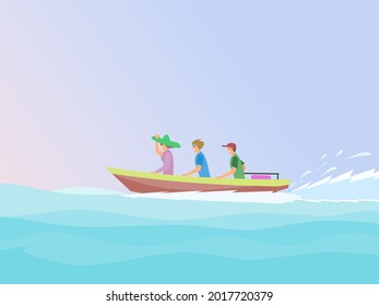 Three people sitting on a small motorboat sailing in the sea with the sky in the background.