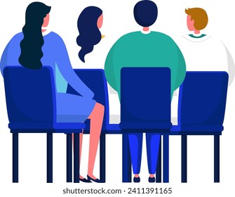 Tres personas sentadas seguidas, dos mujeres y un hombre en el medio. Gente en un ambiente de reunión o audiencia. Ilustración vectorial de escucha en grupo profesional.