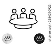 Three people sitting at the table committee or meeting line icon. Business meeting vector outline symbol. Teamwork concept logo. Adjustable stroke.