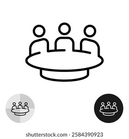 Three people sitting at the table committee or meeting line icon. Business meeting vector outline symbol. Teamwork concept logo. Adjustable stroke.